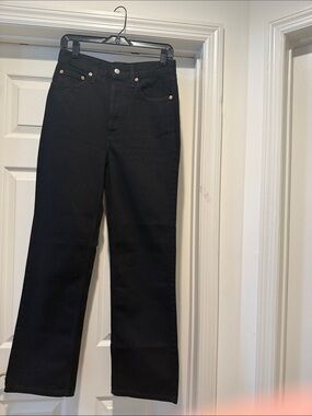 Black Denim High Cinched Waisted Trendy Straight Leg Button Fly Jeans W28 L30”